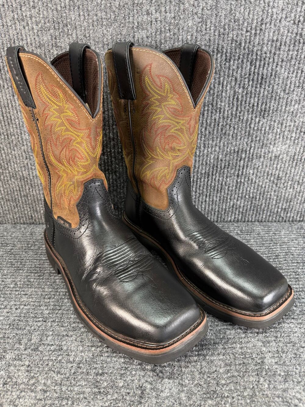 Justin Men's 10.5 EE Western Work Boots Black Brown Leather Square Toe Cowboy